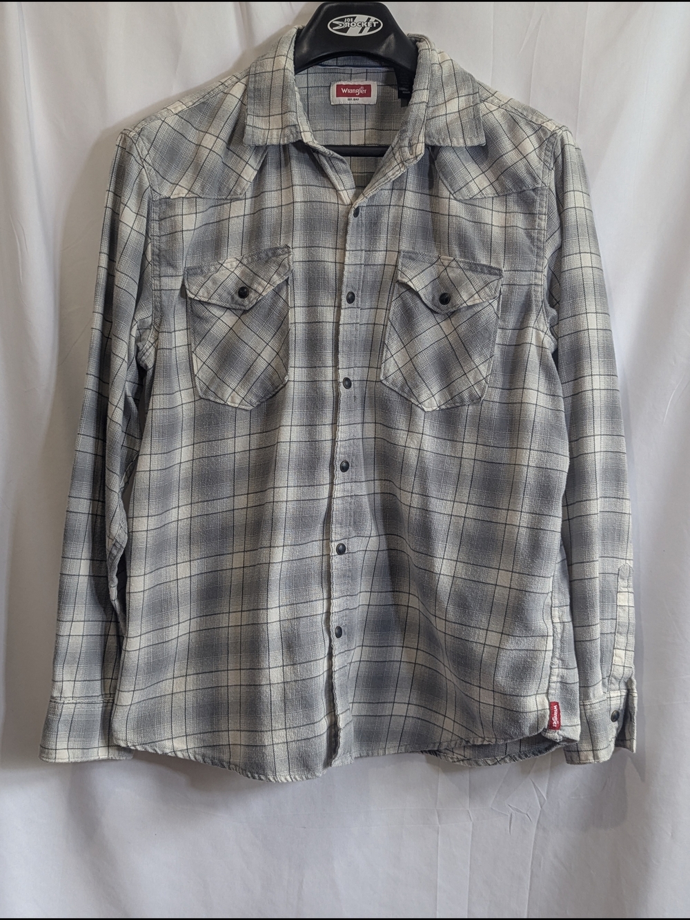 Wrangler Women’s Plaid Button Front Shirt Gray Linen Blend Oversized